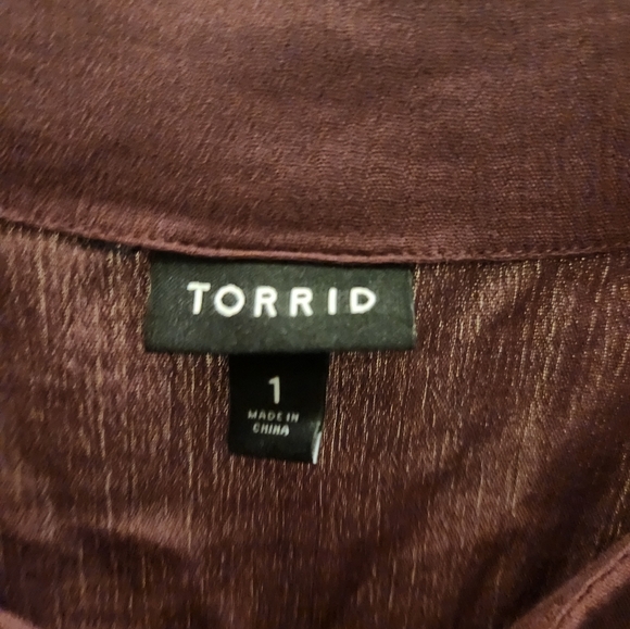 Torrid Deep Plum Color Ruffle Sleeve Buttoned Blouse - Picture 5 of 7